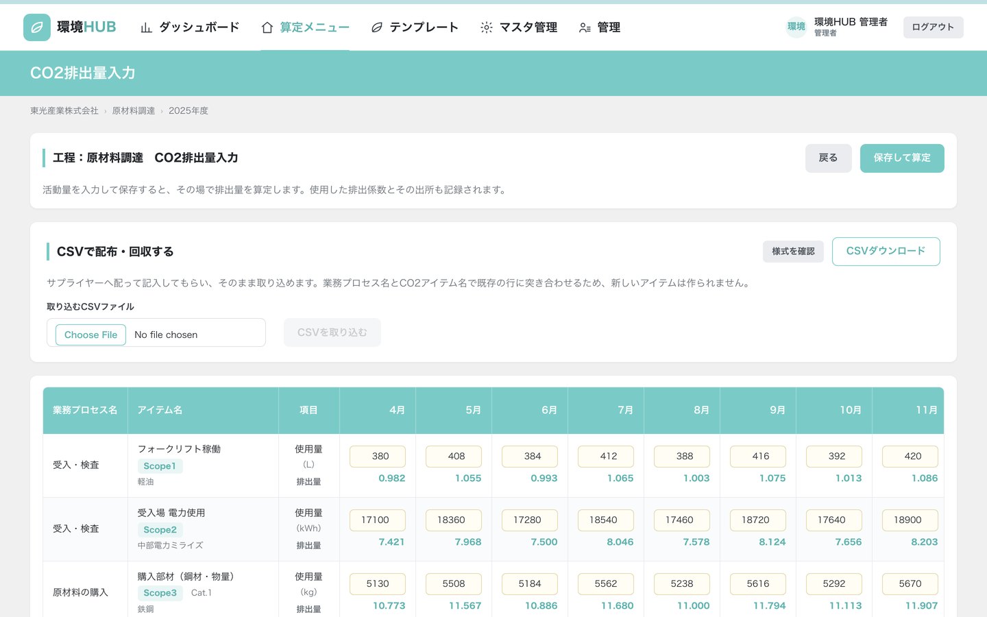 環境HUBの画面: CO2排出量の入力